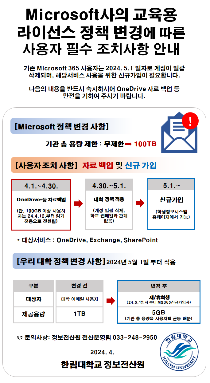 공지사항 - Microsoft 365 정책 변경에 따른 사용자 조치 안내